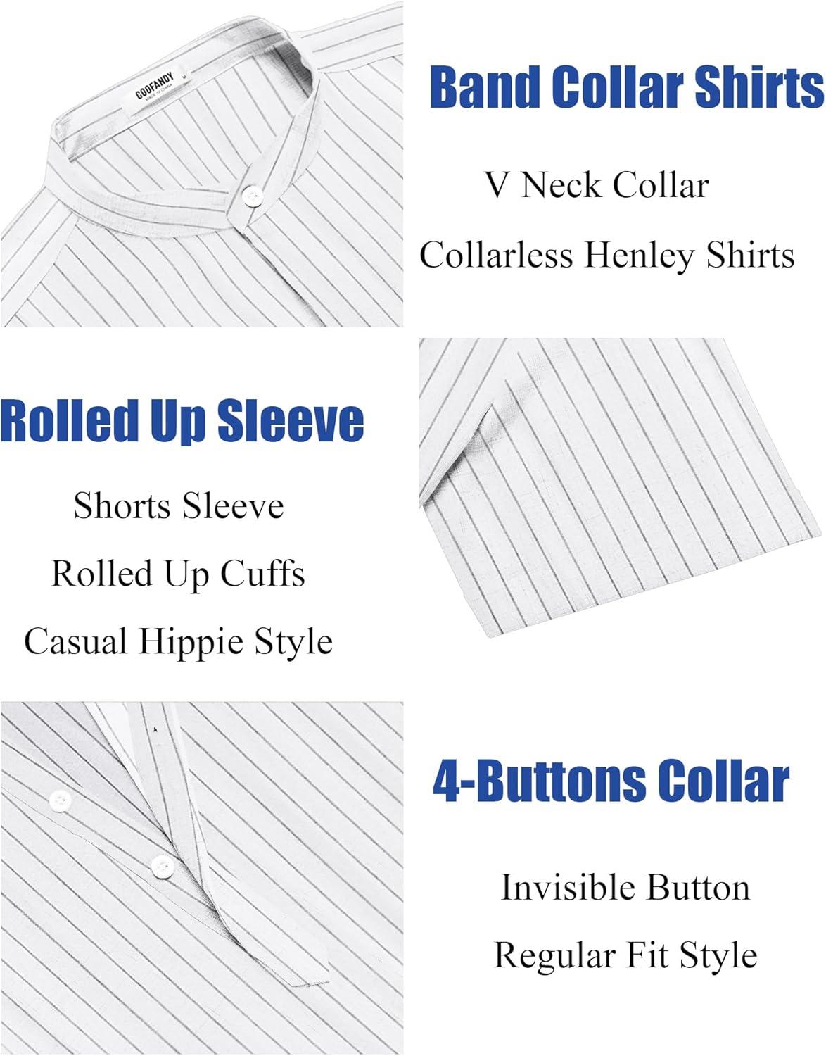 imageCOOFANDY Mens Linen Henley Shirt Short Sleeve Casual Summer Beach Hippie T ShirtsStriped White