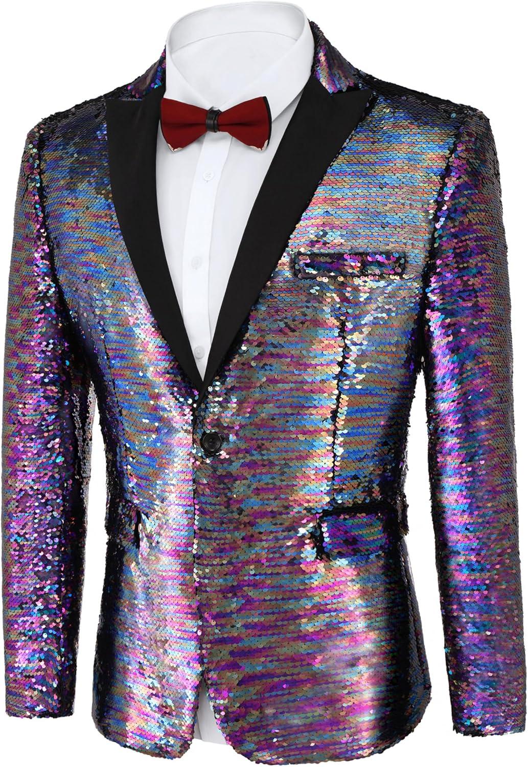 imageCOOFANDY Mens Sequin Blazer Tuxedo Party Prom Wedding Tuxedo One Button JacketBlue Purple