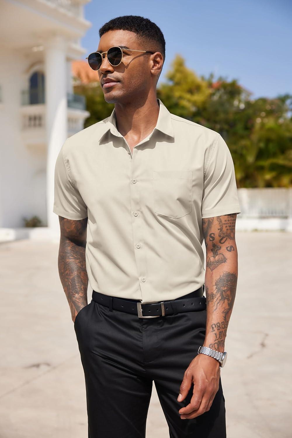 imageCOOFANDY Mens Short Sleeve Casual Button Down Shirt Business Untucked Dress Shirts with PocketKhaki