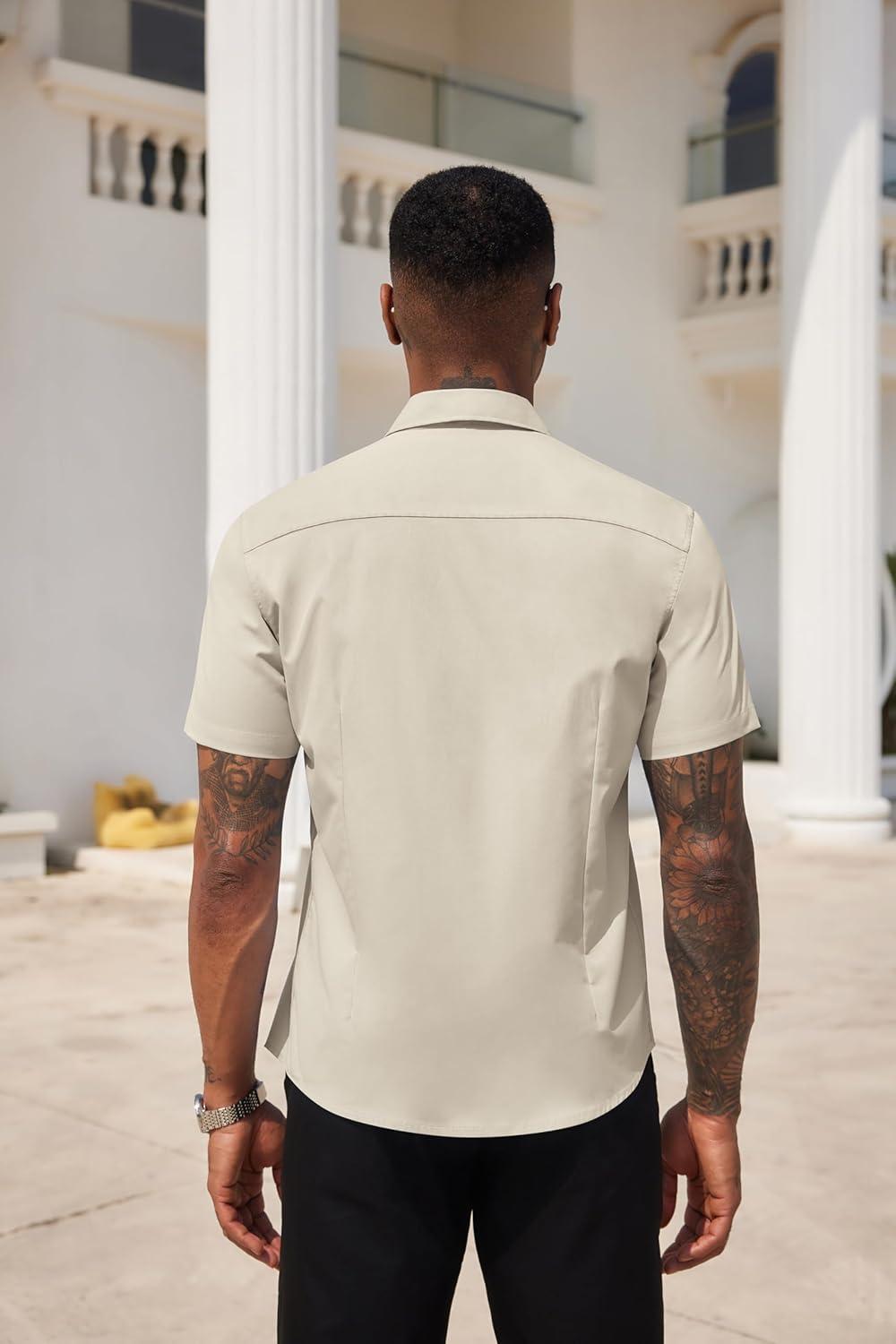 imageCOOFANDY Mens Short Sleeve Casual Button Down Shirt Business Untucked Dress Shirts with PocketKhaki