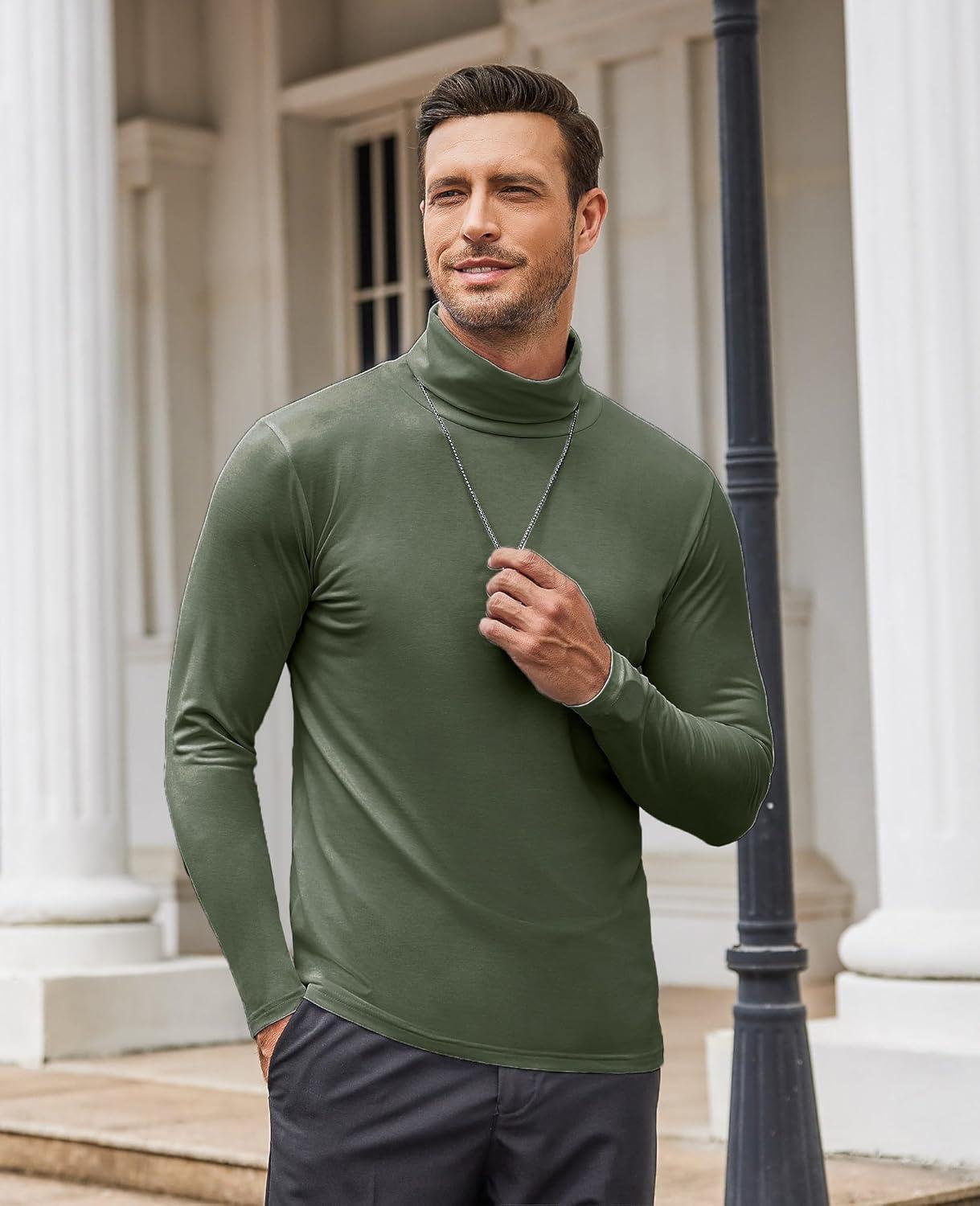 imageCOOFANDY Mens Slim Fit Turtleneck Cotton T Shirts Casual Long Sleeve Lightweight Pullover Sweater Basic TopsArmy Green