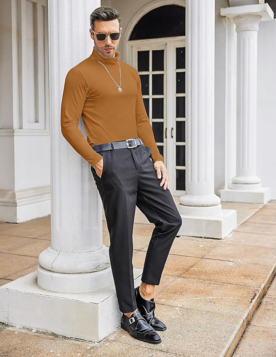 imageCOOFANDY Mens Slim Fit Turtleneck Cotton T Shirts Casual Long Sleeve Lightweight Pullover Sweater Basic TopsCaramel