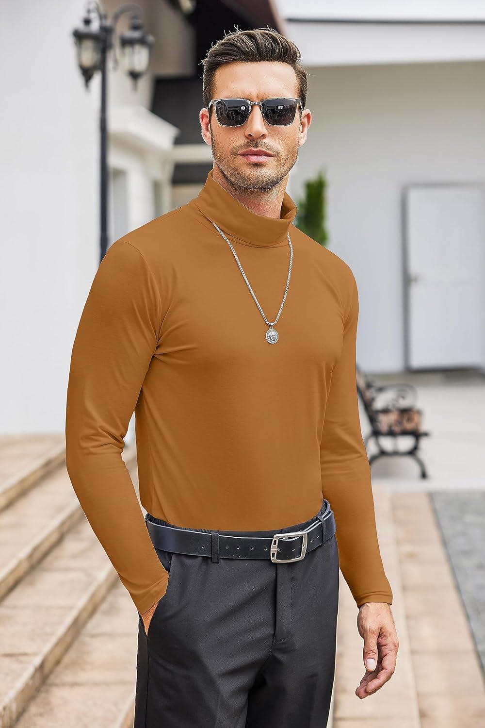 imageCOOFANDY Mens Slim Fit Turtleneck Cotton T Shirts Casual Long Sleeve Lightweight Pullover Sweater Basic TopsCaramel