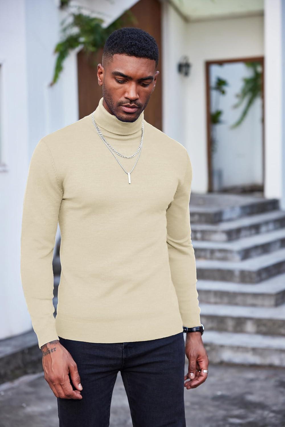 imageCOOFANDY Mens Slim Fit Turtleneck Sweater Casual Basic Knitted Long Sleeve Pullover SweaterBeige