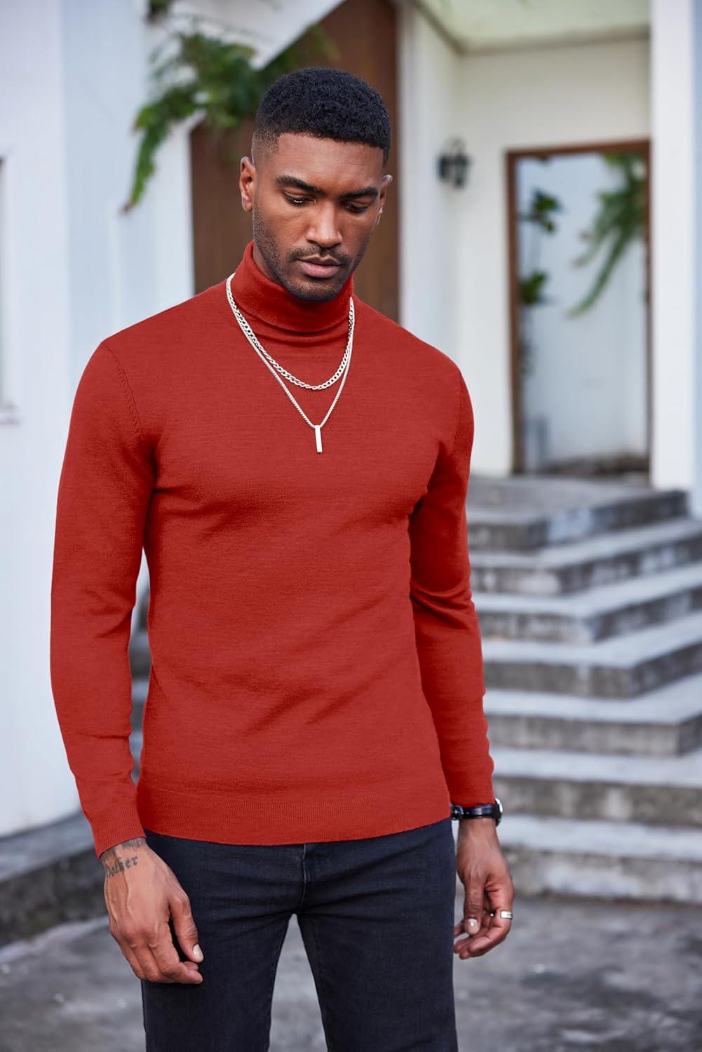 imageCOOFANDY Mens Slim Fit Turtleneck Sweater Casual Basic Knitted Long Sleeve Pullover SweaterRed