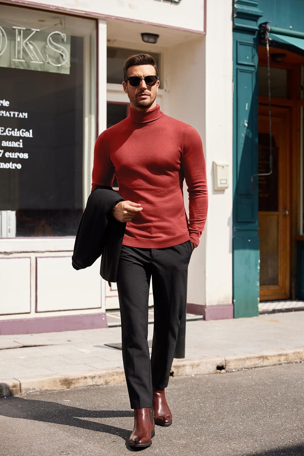 imageCOOFANDY Mens Slim Fit Turtleneck Sweater Casual Basic Knitted Long Sleeve Pullover SweaterRed