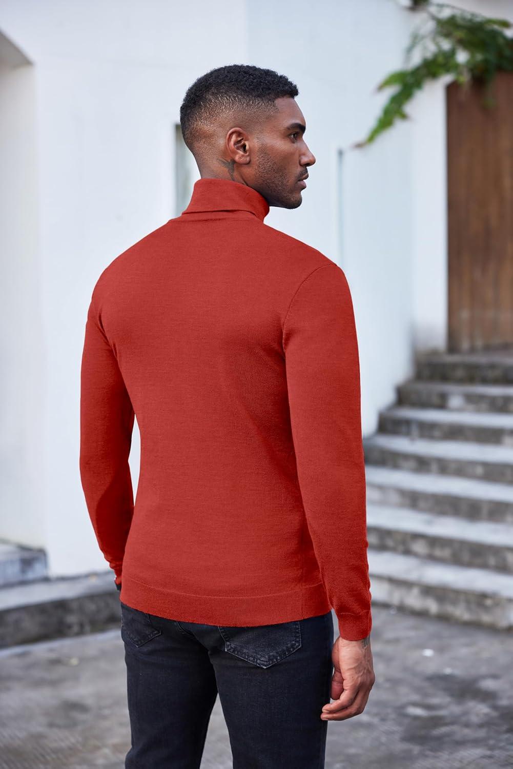 imageCOOFANDY Mens Slim Fit Turtleneck Sweater Casual Basic Knitted Long Sleeve Pullover SweaterRed