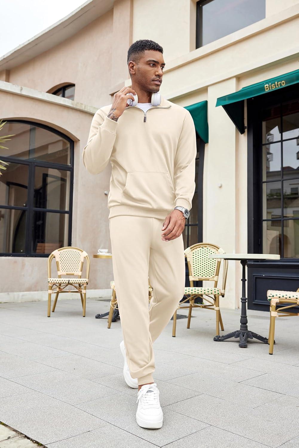 imageCOOFANDY Mens Tracksuit 2 Piece Quarter Zip Sweatsuit Sets Casual Athletic Running Jogging SuitsBeige