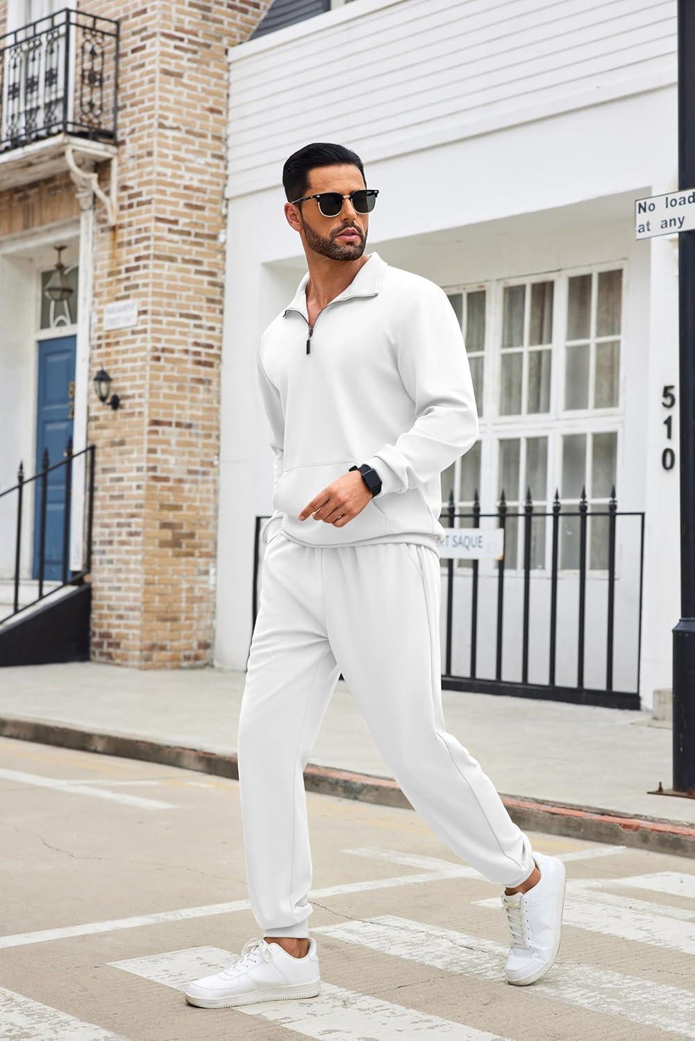 imageCOOFANDY Mens Tracksuit 2 Piece Quarter Zip Sweatsuit Sets Casual Athletic Running Jogging SuitsWhite