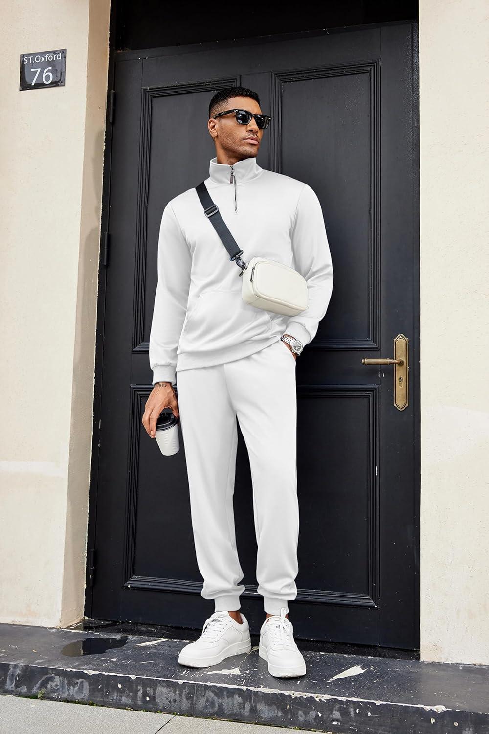 imageCOOFANDY Mens Tracksuit 2 Piece Quarter Zip Sweatsuit Sets Casual Athletic Running Jogging SuitsWhite