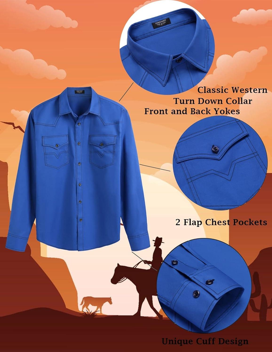 imageCOOFANDY Mens Western Cowboy Shirts Long Sleeve Cotton Casual Button Down Work Shirt with PocketsFrench Blue
