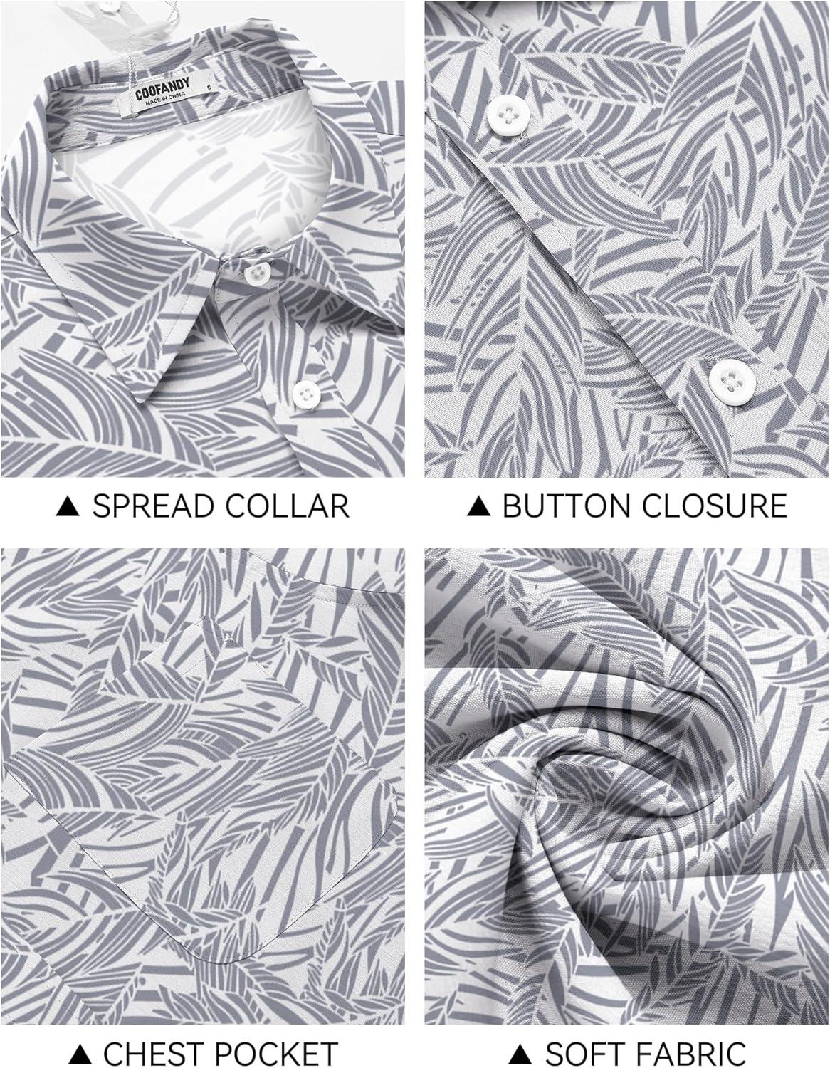 imageCOOFANDY Shirts for Men Short Sleeve Button Down Shirt Casual Summer Beach ShirtGrey Blue Palm Leaf