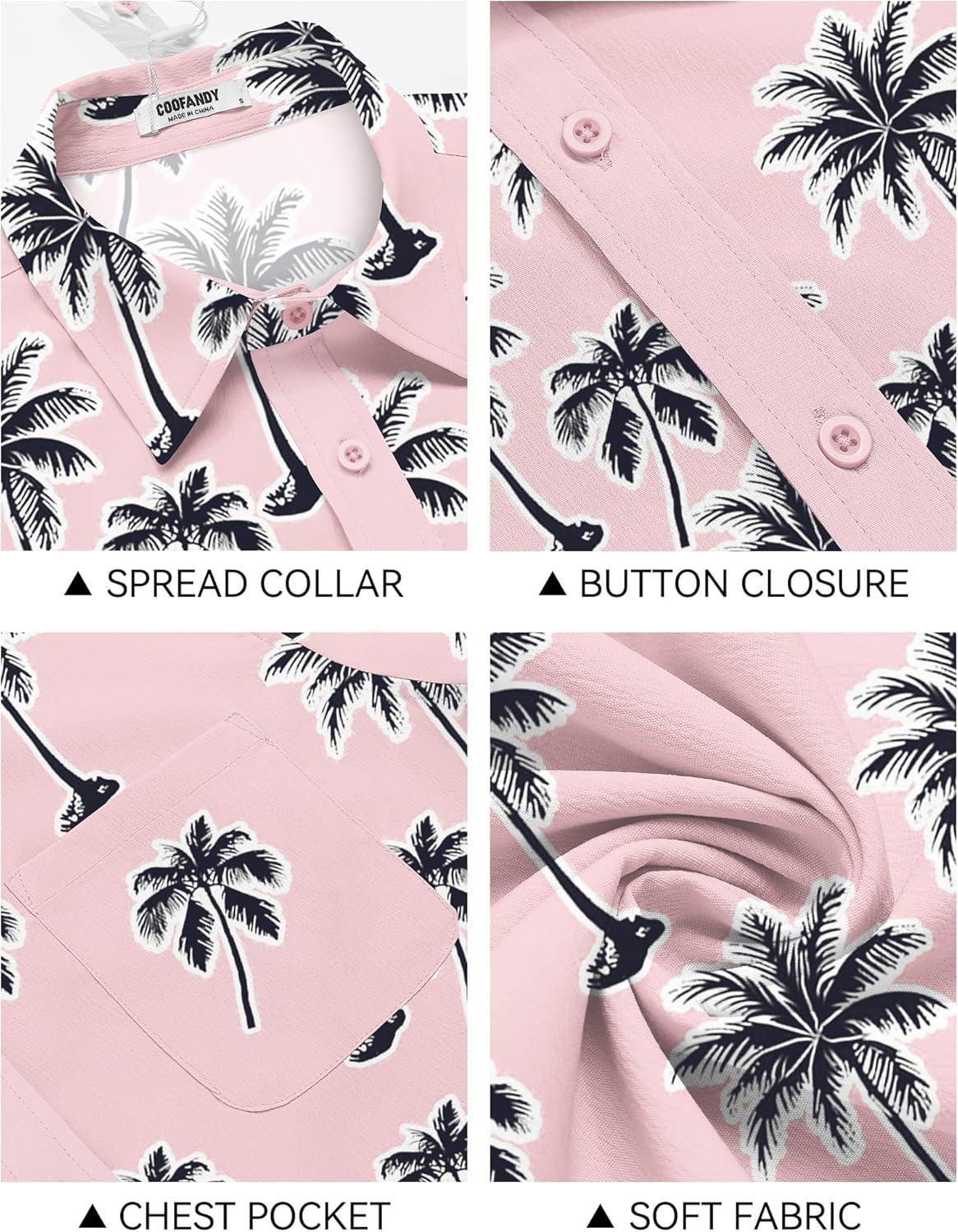 imageCOOFANDY Shirts for Men Short Sleeve Button Down Shirt Casual Summer Beach ShirtPink Coconut Tree