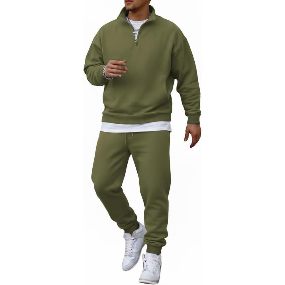imageCOOFANDY 2 Piece Set for Men Casual 14 Zip Track Suits Set Long Sleeve Quarter Pullover Jogging Suits 2025 Fashion OutfitsArmy Green