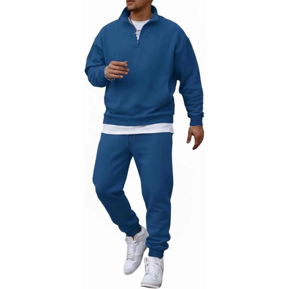 imageCOOFANDY 2 Piece Set for Men Casual 14 Zip Track Suits Set Long Sleeve Quarter Pullover Jogging Suits 2025 Fashion OutfitsBlue