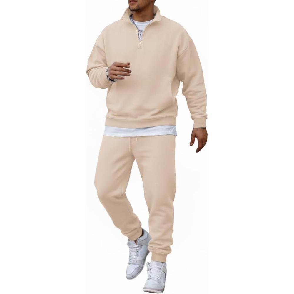 imageCOOFANDY 2 Piece Set for Men Casual 14 Zip Track Suits Set Long Sleeve Quarter Pullover Jogging Suits 2025 Fashion OutfitsCream