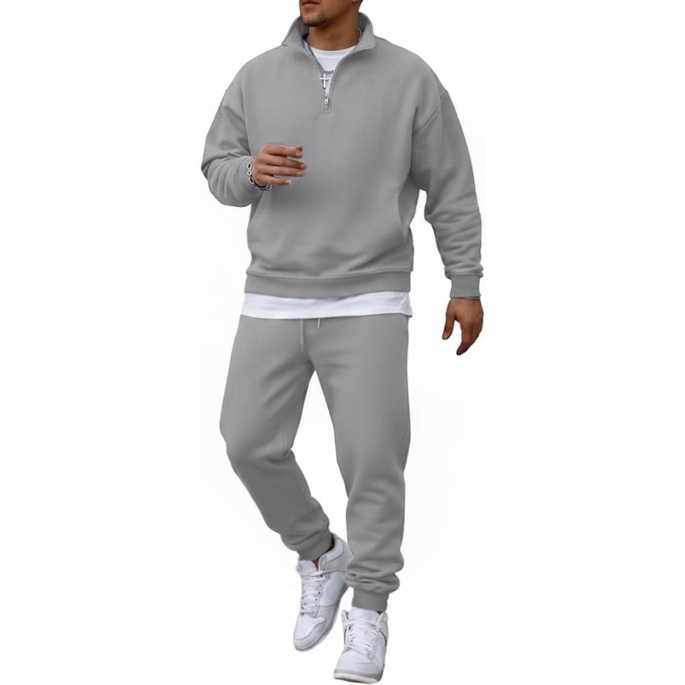 imageCOOFANDY 2 Piece Set for Men Casual 14 Zip Track Suits Set Long Sleeve Quarter Pullover Jogging Suits 2025 Fashion OutfitsLight Grey