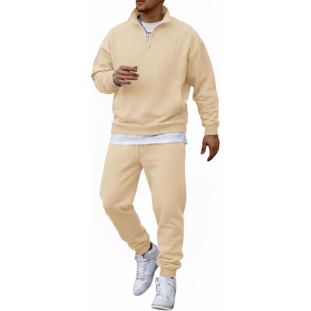 imageCOOFANDY 2 Piece Set for Men Casual 14 Zip Track Suits Set Long Sleeve Quarter Pullover Jogging Suits 2025 Fashion OutfitsLight Khaki