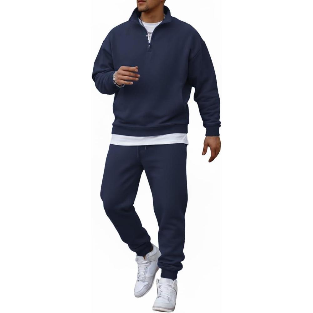 imageCOOFANDY 2 Piece Set for Men Casual 14 Zip Track Suits Set Long Sleeve Quarter Pullover Jogging Suits 2025 Fashion OutfitsNavy Blue