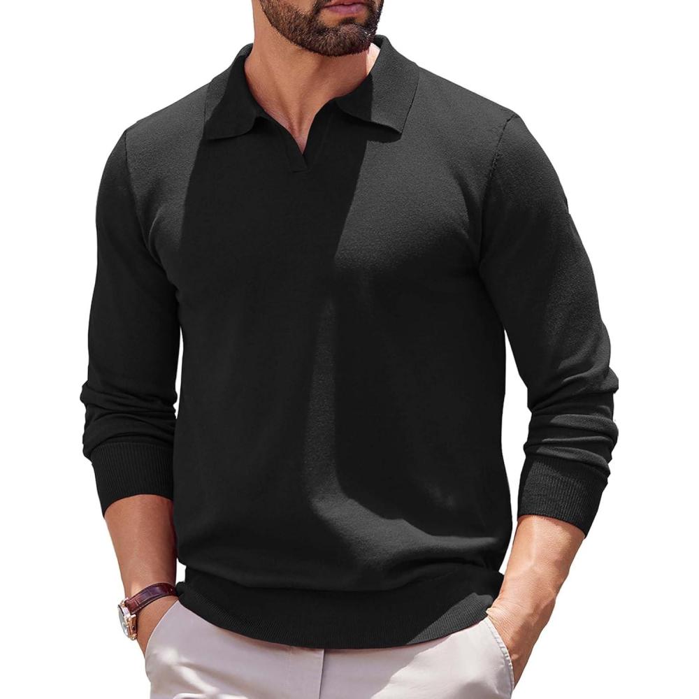 imageCOOFANDY Long Sleeve Polo Shirts for Men Knit Polo Sweater Lightweight Ribbed Pullover SweaterBlack