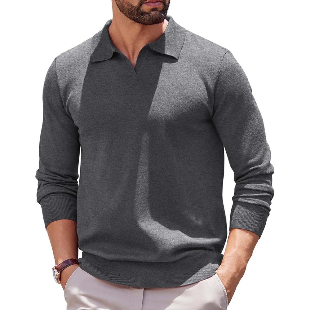 imageCOOFANDY Long Sleeve Polo Shirts for Men Knit Polo Sweater Lightweight Ribbed Pullover SweaterDark Gray