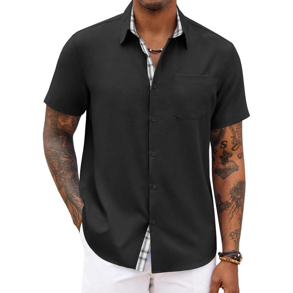 imageCOOFANDY Mens Button Down Short Sleeve Shirt Casual Cotton Summer Beach Linen Wedding Shirts with PocketBlack
