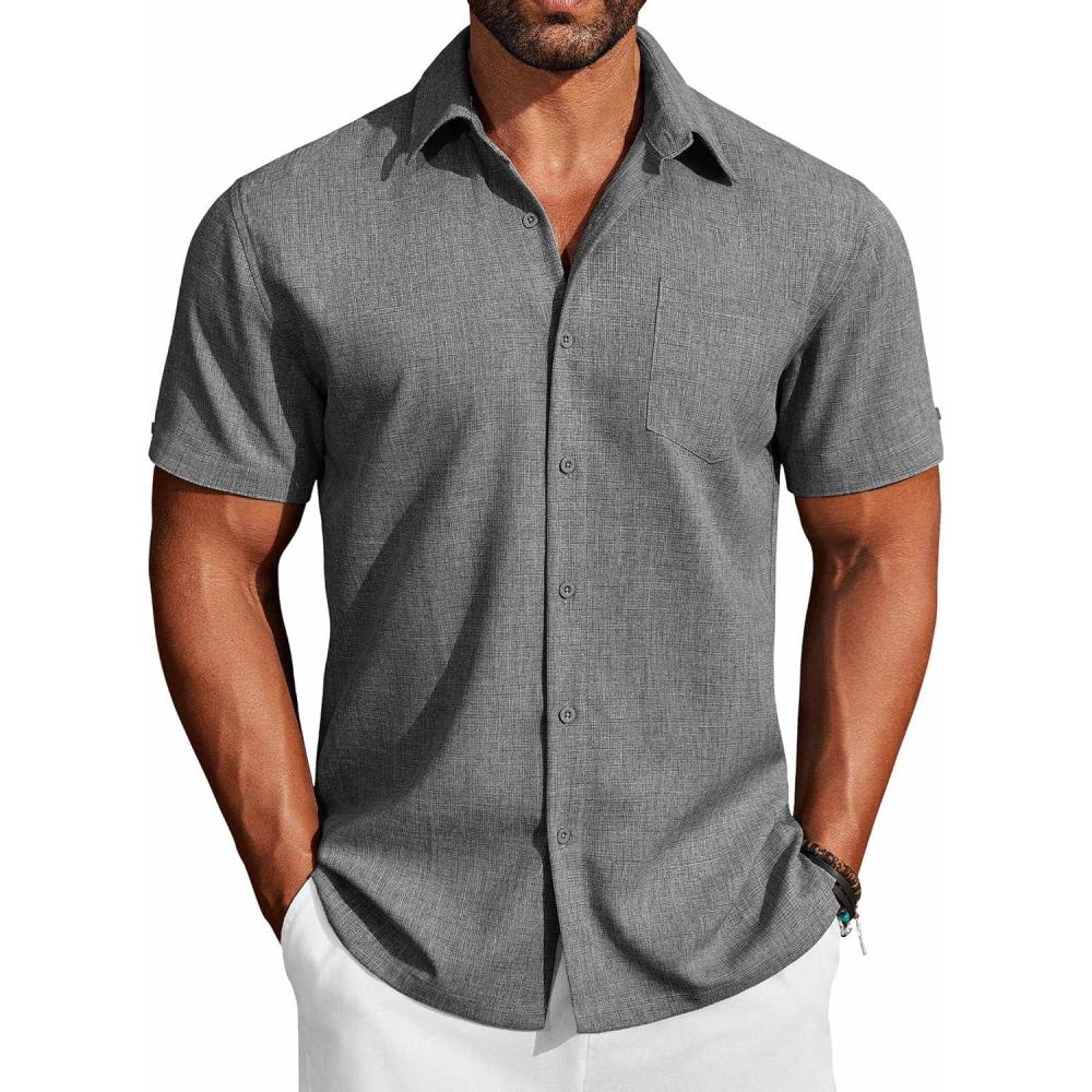 imageCOOFANDY Mens Button Down Short Sleeve Shirt Casual Cotton Summer Beach Linen Wedding Shirts with PocketDark Grey