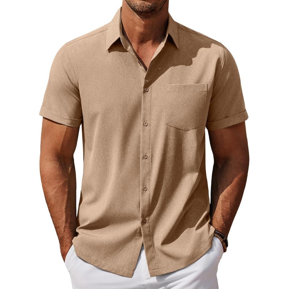 imageCOOFANDY Mens Button Down Short Sleeve Shirt Casual Cotton Summer Beach Linen Wedding Shirts with PocketKhaki