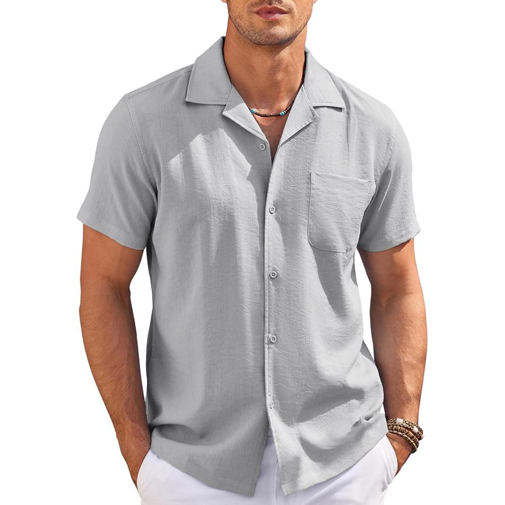 imageCOOFANDY Mens Button Down Short Sleeve Shirt Casual Cotton Summer Beach Linen Wedding Shirts with PocketLight Grey