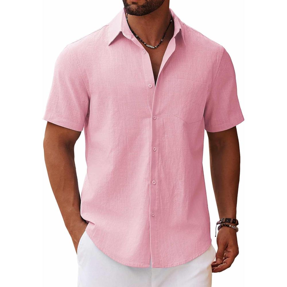 imageCOOFANDY Mens Button Down Short Sleeve Shirt Casual Cotton Summer Beach Linen Wedding Shirts with PocketPink