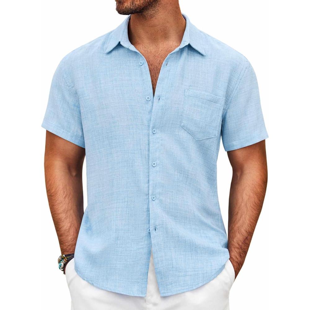 imageCOOFANDY Mens Button Down Short Sleeve Shirt Casual Shirts Summer Beach Textured Shirts with PocketBeau Blue