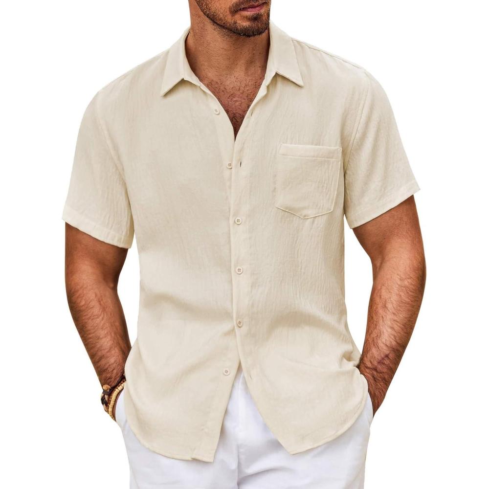 imageCOOFANDY Mens Button Down Short Sleeve Shirt Casual Shirts Summer Beach Textured Shirts with PocketBeige