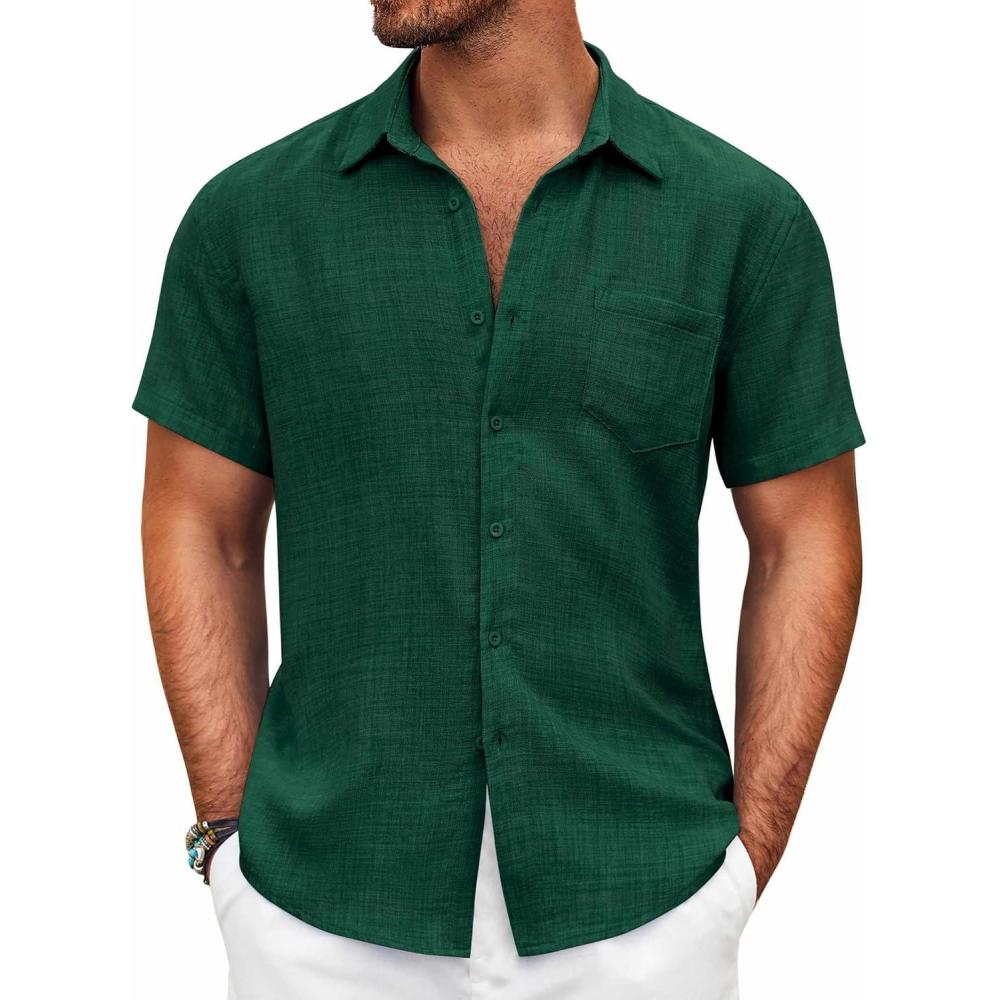 imageCOOFANDY Mens Button Down Short Sleeve Shirt Casual Shirts Summer Beach Textured Shirts with PocketDark Green