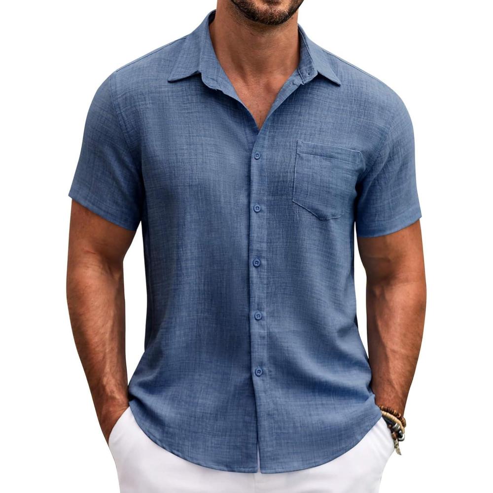 imageCOOFANDY Mens Button Down Short Sleeve Shirt Casual Shirts Summer Beach Textured Shirts with PocketDenim Blue