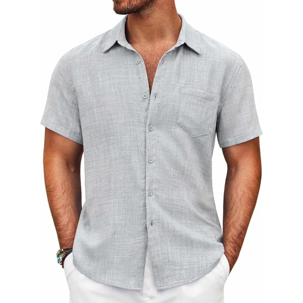 imageCOOFANDY Mens Button Down Short Sleeve Shirt Casual Shirts Summer Beach Textured Shirts with PocketLight Grey