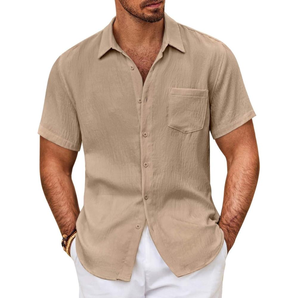 imageCOOFANDY Mens Button Down Short Sleeve Shirt Casual Shirts Summer Beach Textured Shirts with PocketLight Khaki