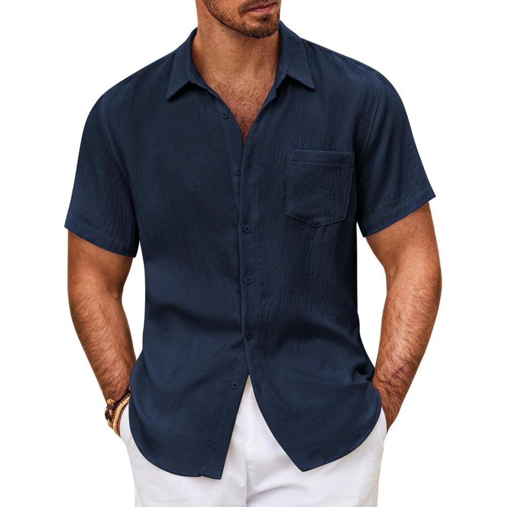 imageCOOFANDY Mens Button Down Short Sleeve Shirt Casual Shirts Summer Beach Textured Shirts with PocketNavy Blue