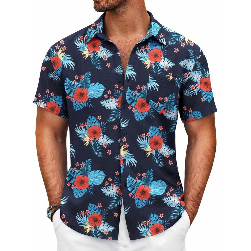 imageCOOFANDY Mens Button Down Short Sleeve Shirt Casual Shirts Summer Beach Textured Shirts with PocketNavyblue Flowers