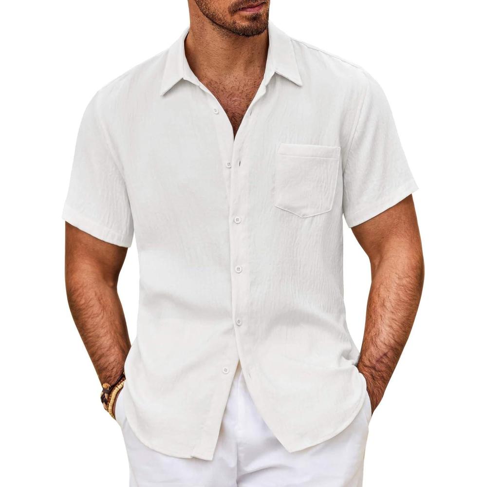 imageCOOFANDY Mens Button Down Short Sleeve Shirt Casual Shirts Summer Beach Textured Shirts with PocketWhite