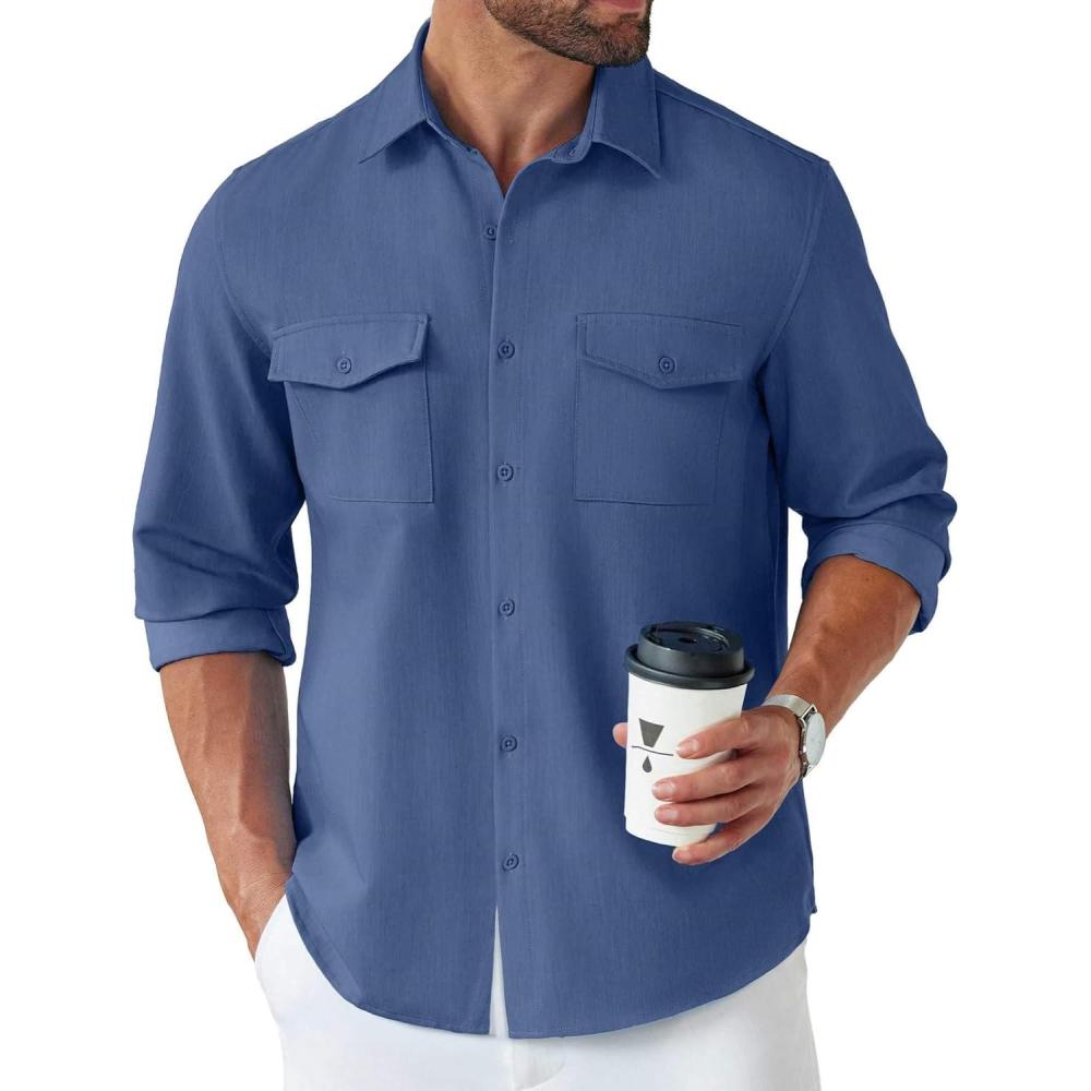 imageCOOFANDY Mens Casual Button Down Shirt Long Sleeve Untucked Shirt Stretch Denim Dress Shirt with PocketsDeep Blue