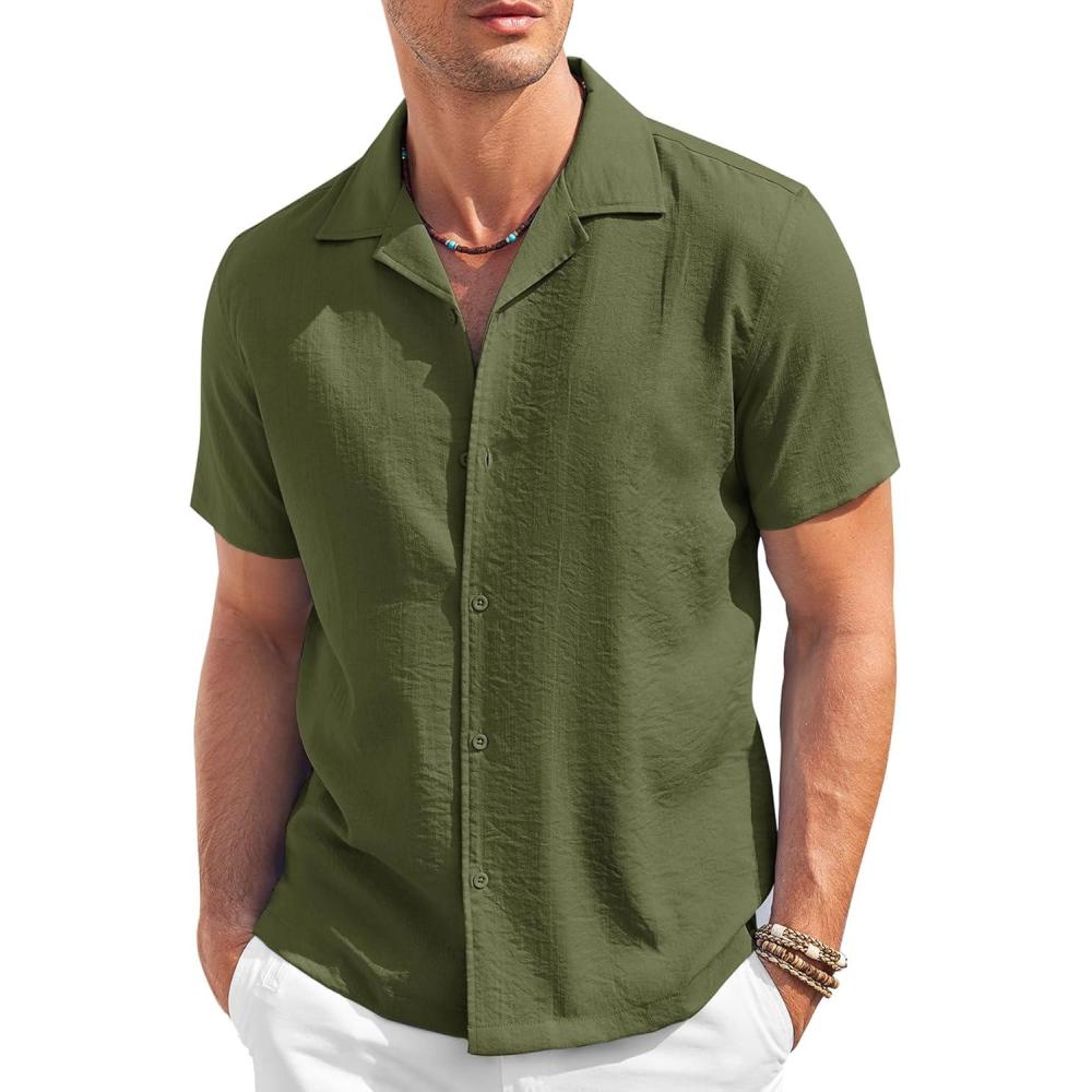 imageCOOFANDY Mens Casual Button Down Shirt Short Sleeve Textured Summer Cuban Beach ShirtsArmy Green
