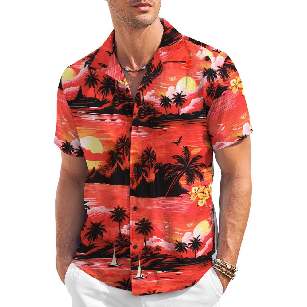 imageCOOFANDY Mens Casual Button Down Shirt Short Sleeve Textured Summer Cuban Beach ShirtsIsland Sunsetred