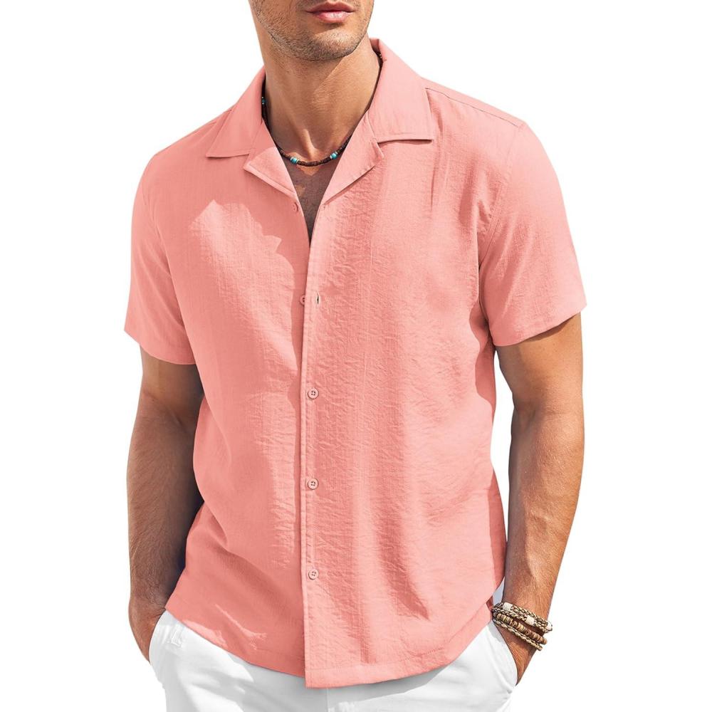 imageCOOFANDY Mens Casual Button Down Shirt Short Sleeve Textured Summer Cuban Beach ShirtsPink