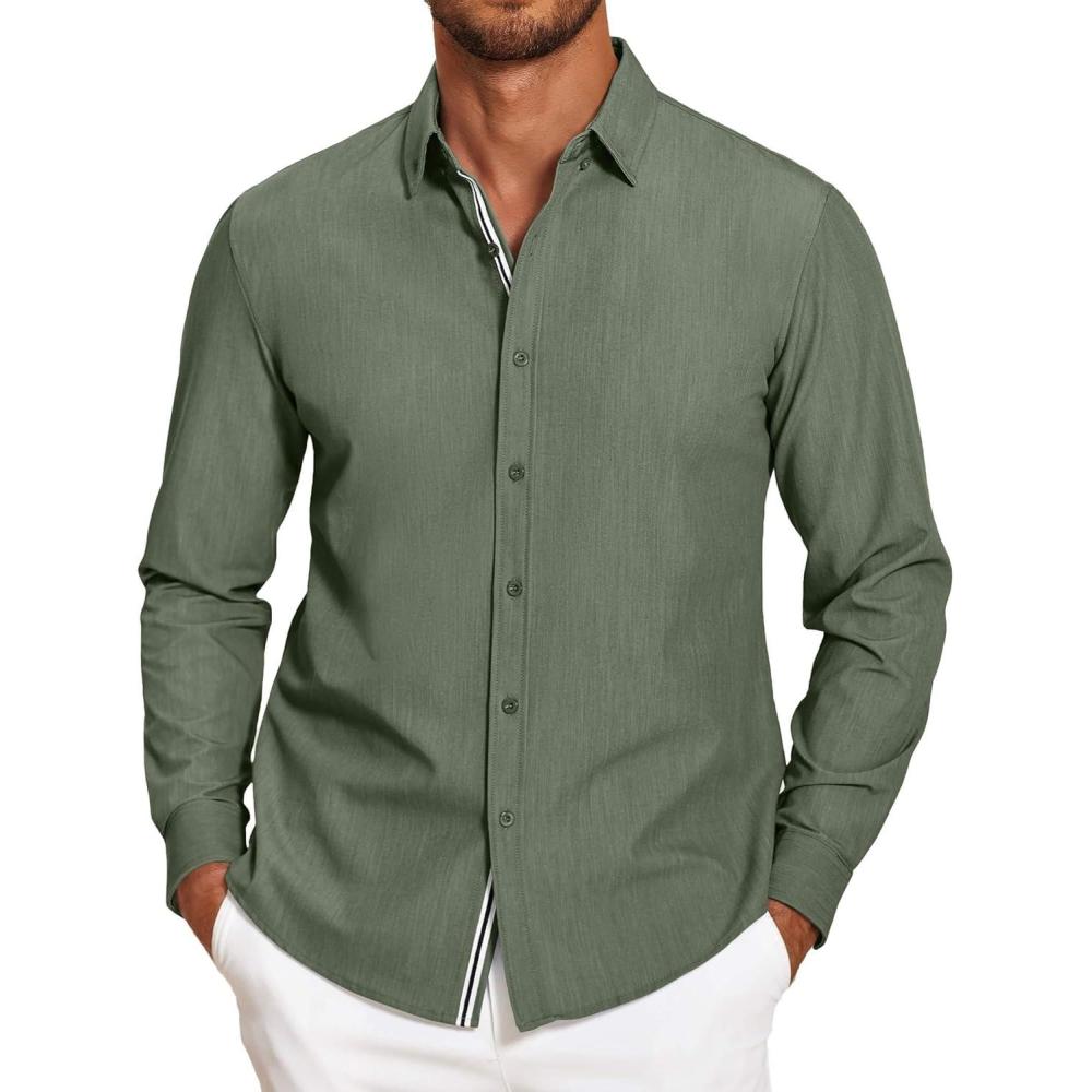 imageCOOFANDY Mens Casual Button Down Shirt Untucked Long Sleeve Stretch Denim Dress ShirtArmy Green