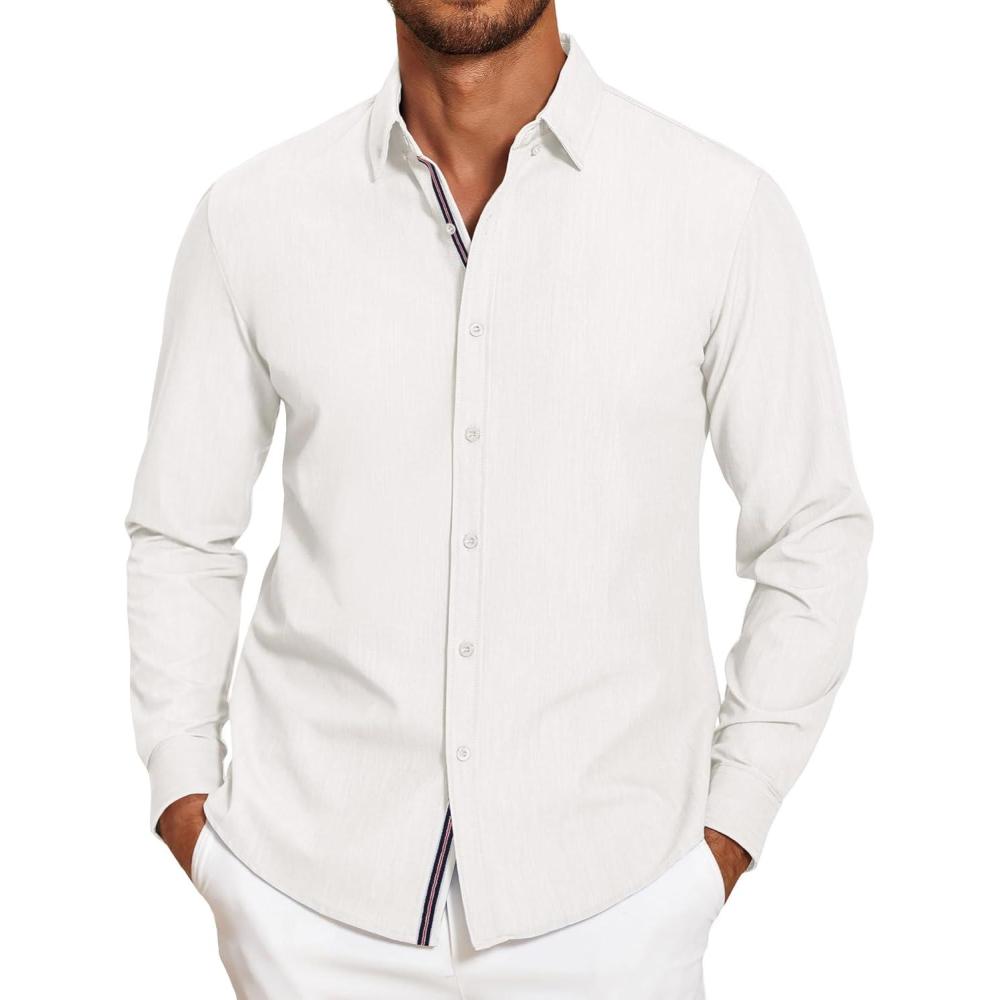 imageCOOFANDY Mens Casual Button Down Shirt Untucked Long Sleeve Stretch Denim Dress ShirtWhitered