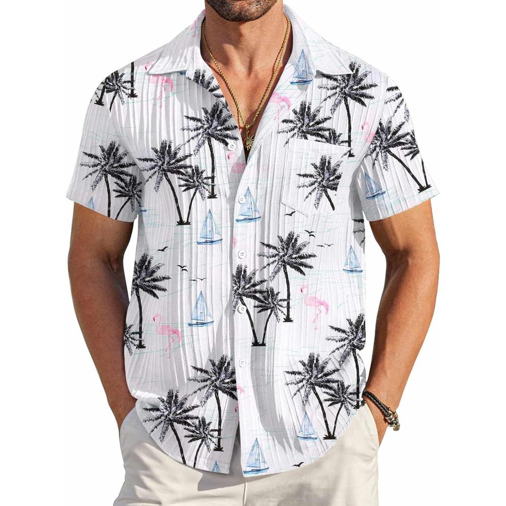 imageCOOFANDY Mens Casual Button Down Shirts Short Sleeve Textured Summer Beach Shirt with PocketLight Blueisland