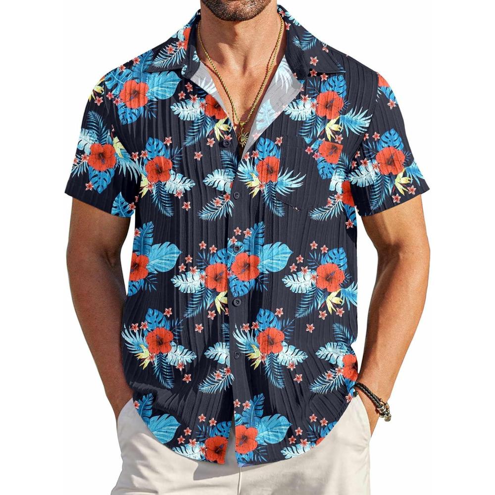 imageCOOFANDY Mens Casual Button Down Shirts Short Sleeve Textured Summer Beach Shirt with PocketNavyred Floral