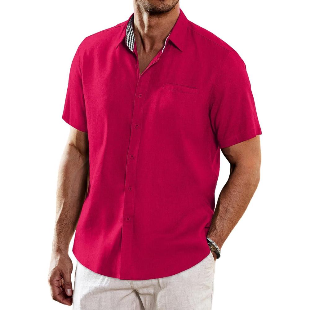 imageCOOFANDY Mens Casual Button Down Shirts Short Sleeve Textured Summer Beach Shirt with PocketWine Red