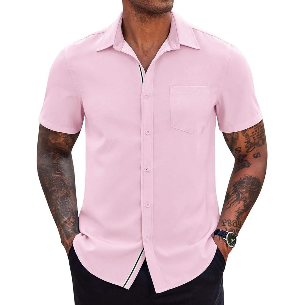 imageCOOFANDY Mens Casual Button Down Shirts Stretch Short Sleeve Business Dress Shirt with PocketPink