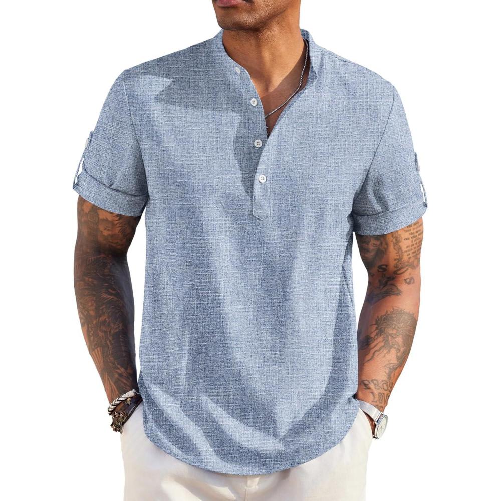 imageCOOFANDY Mens Casual Henley Shirt Short Sleeve Band Collar Linen Shirt Summer Beach Hippie TShirtsAflecking Blue